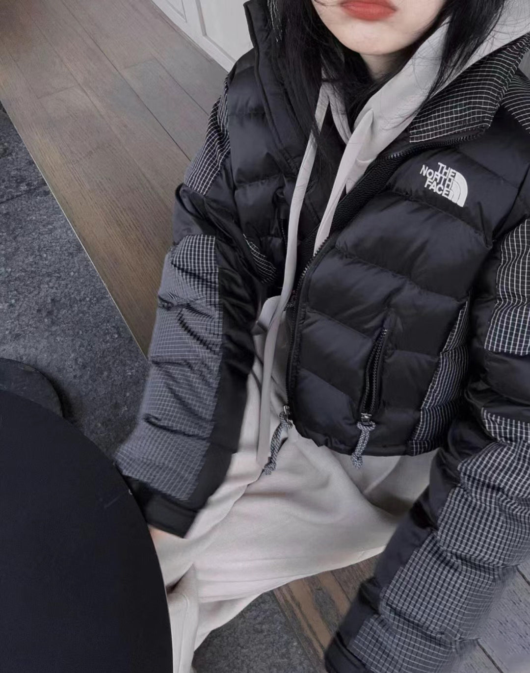 THE NORTH FACE 韓國北臉 格紋拼接短腰羽絨外套