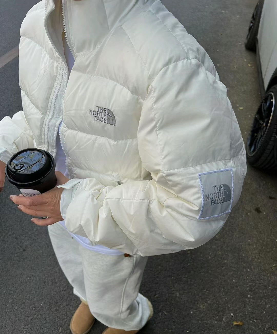 THE NORTH FACE 韓國北臉 格紋拼接短腰羽絨外套