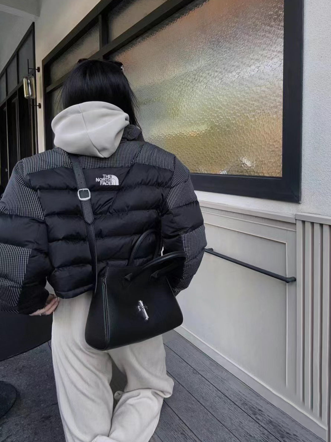 THE NORTH FACE 韓國北臉 格紋拼接短腰羽絨外套
