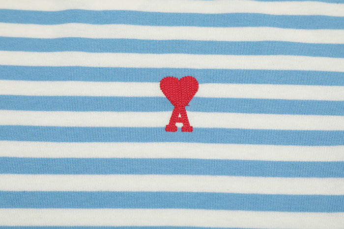 AMI PARIS 愛心刺繡條紋短袖T恤
