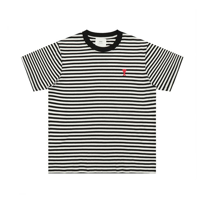 AMI PARIS 愛心刺繡條紋短袖T恤