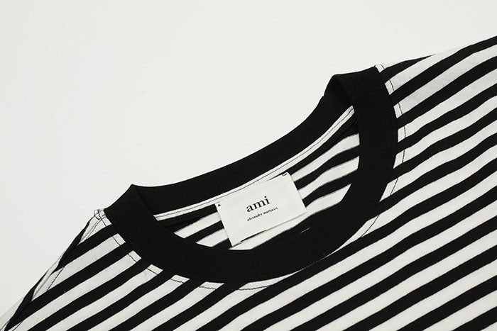 AMI PARIS 愛心刺繡條紋短袖T恤