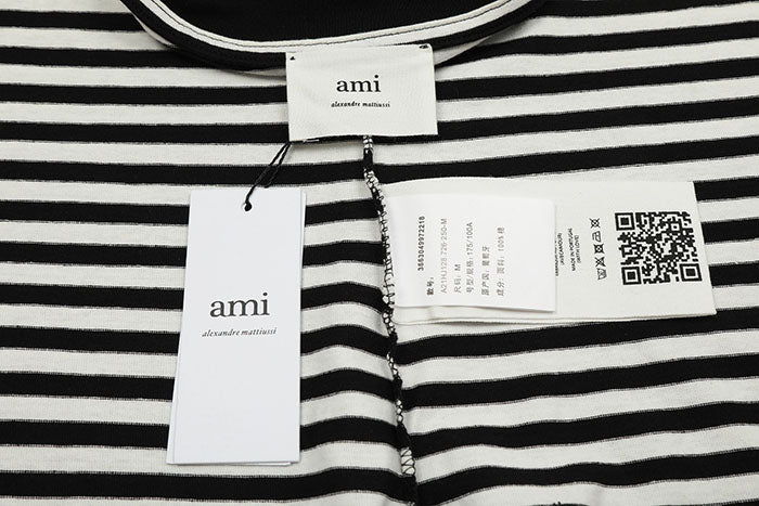 AMI PARIS 愛心刺繡條紋短袖T恤