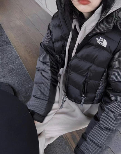 THE NORTH FACE 韓國北臉 格紋拼接短腰羽絨外套