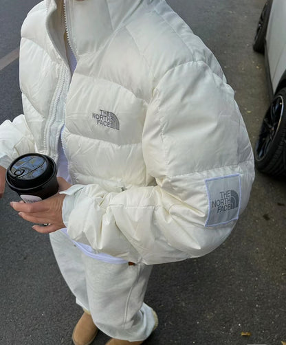 THE NORTH FACE 韓國北臉 格紋拼接短腰羽絨外套