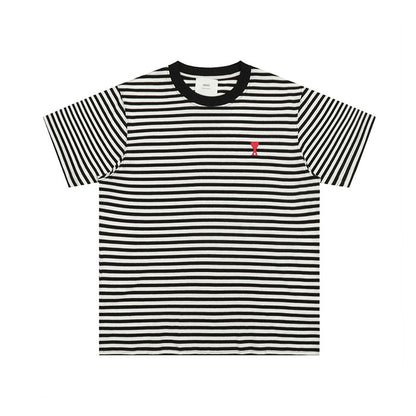 AMI PARIS 愛心刺繡條紋短袖T恤